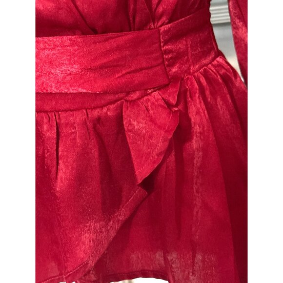A Calin Red Wrap Blouse Small Flying Tomato Tie Waist Puff Sleeve Peplum Top Sm - Picture 8 of 10